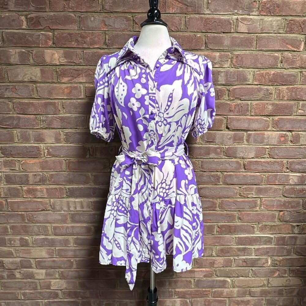 Umgee Womens Orchid Purple Abstract Puff Sleeve Dress Sz Small NEW - Picture 4 of 9